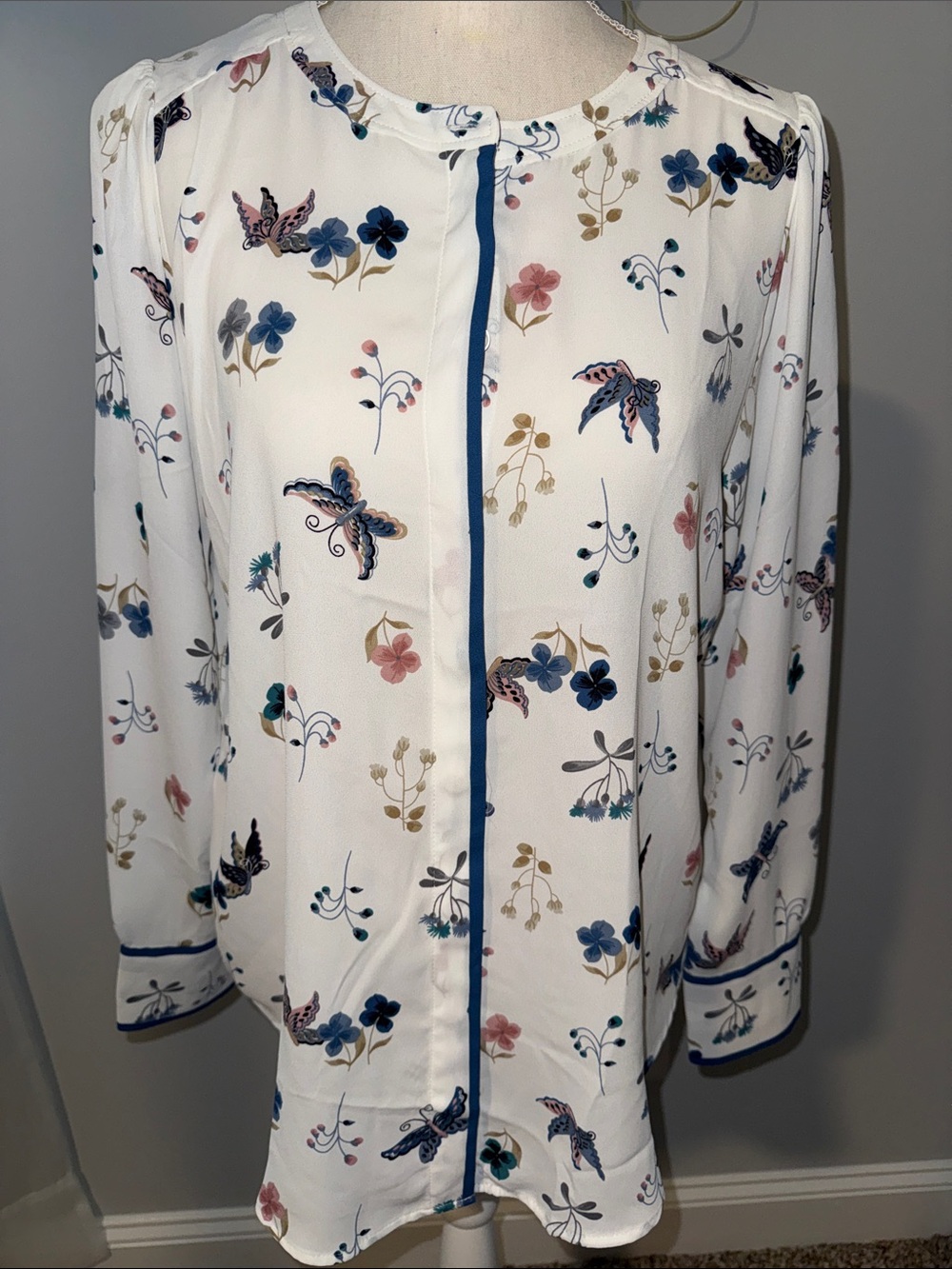 LOFT White Floral Butterfly Blouse with Blue Trim
